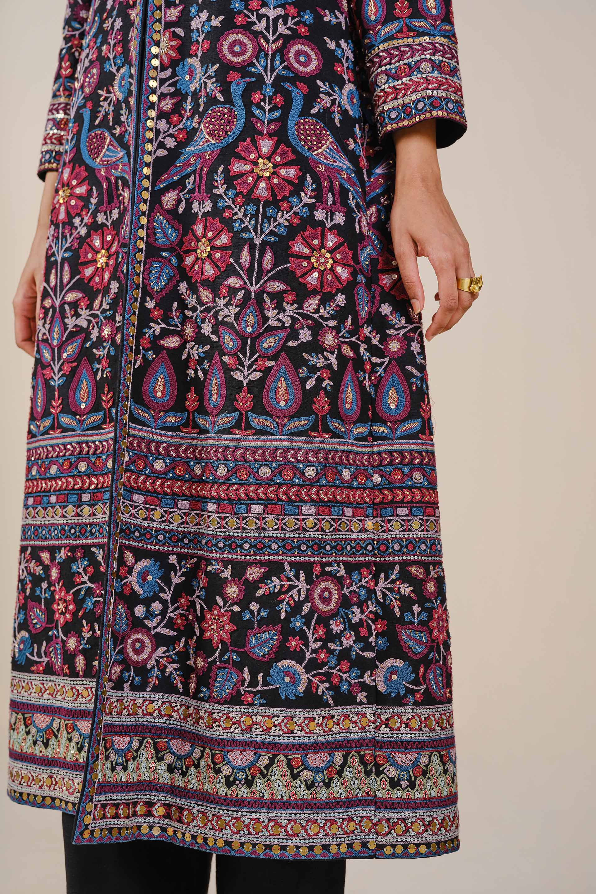 Starlit Serenade SEWA Hand-embroidered Silk Jacket Set - Black, Black, image 7